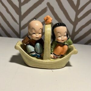 Vintage Ceramic Maruri Salt & Pepper Shaker Set, 3-Piece w/ Original Boat